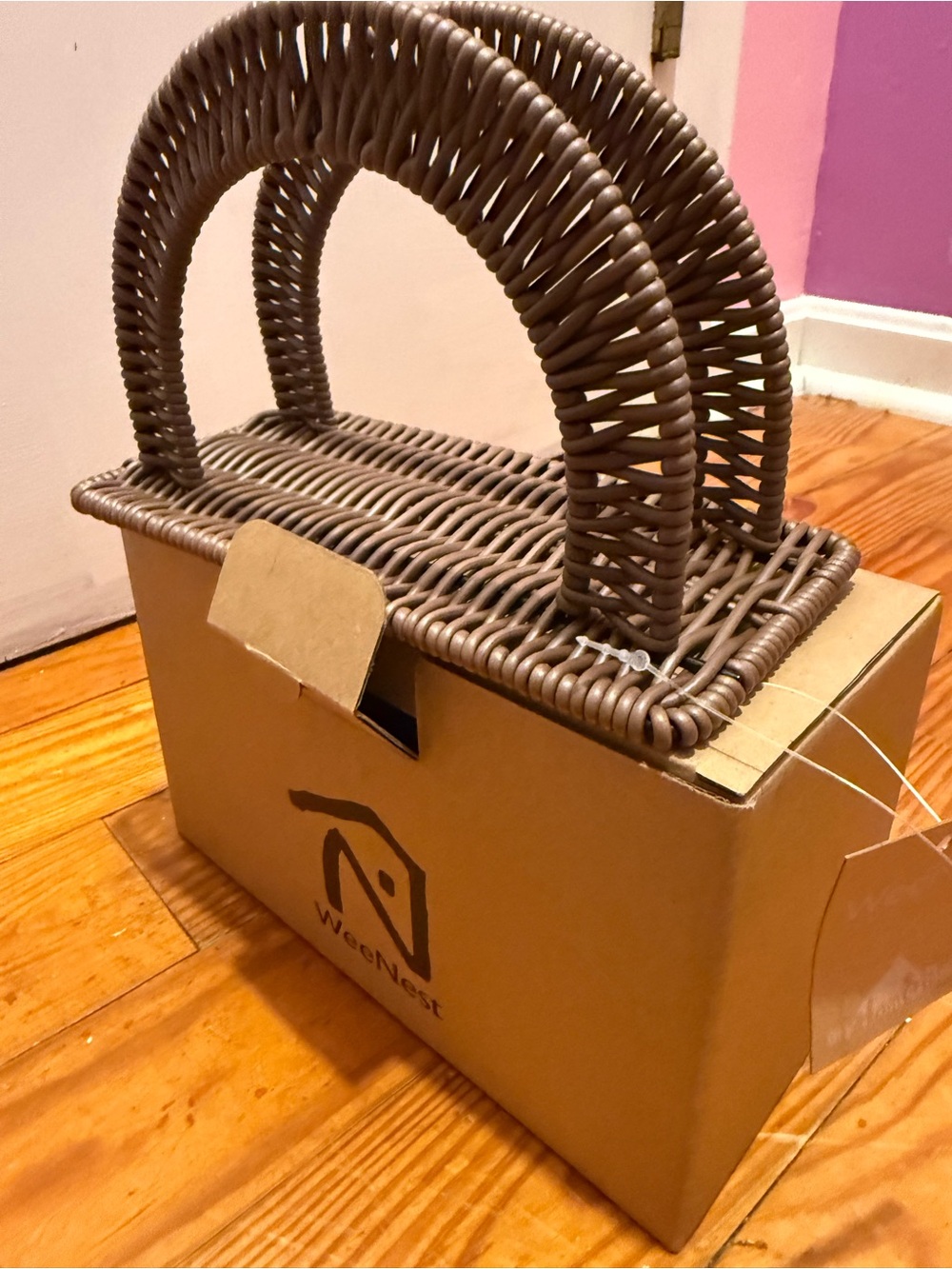 New- Boho Home Decor Kitchen Brown Wicker Rattan Napkin Holder w/ box “WeeNest”